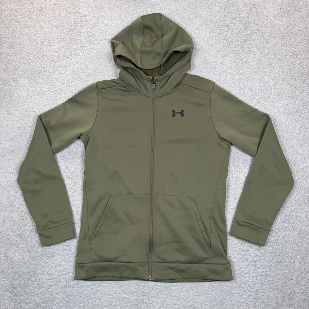 Under Armour Youth XL Full Zip Hoodie Olive Green Fleece Lined Recycled Poly